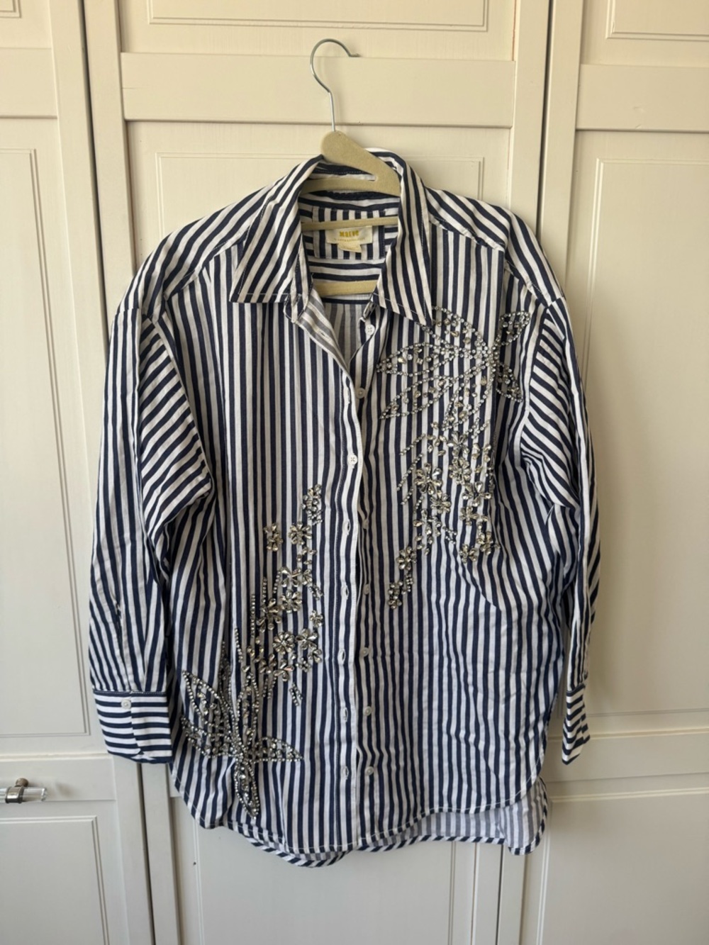 Embellished Navy & White Striped Button-Up Shirt